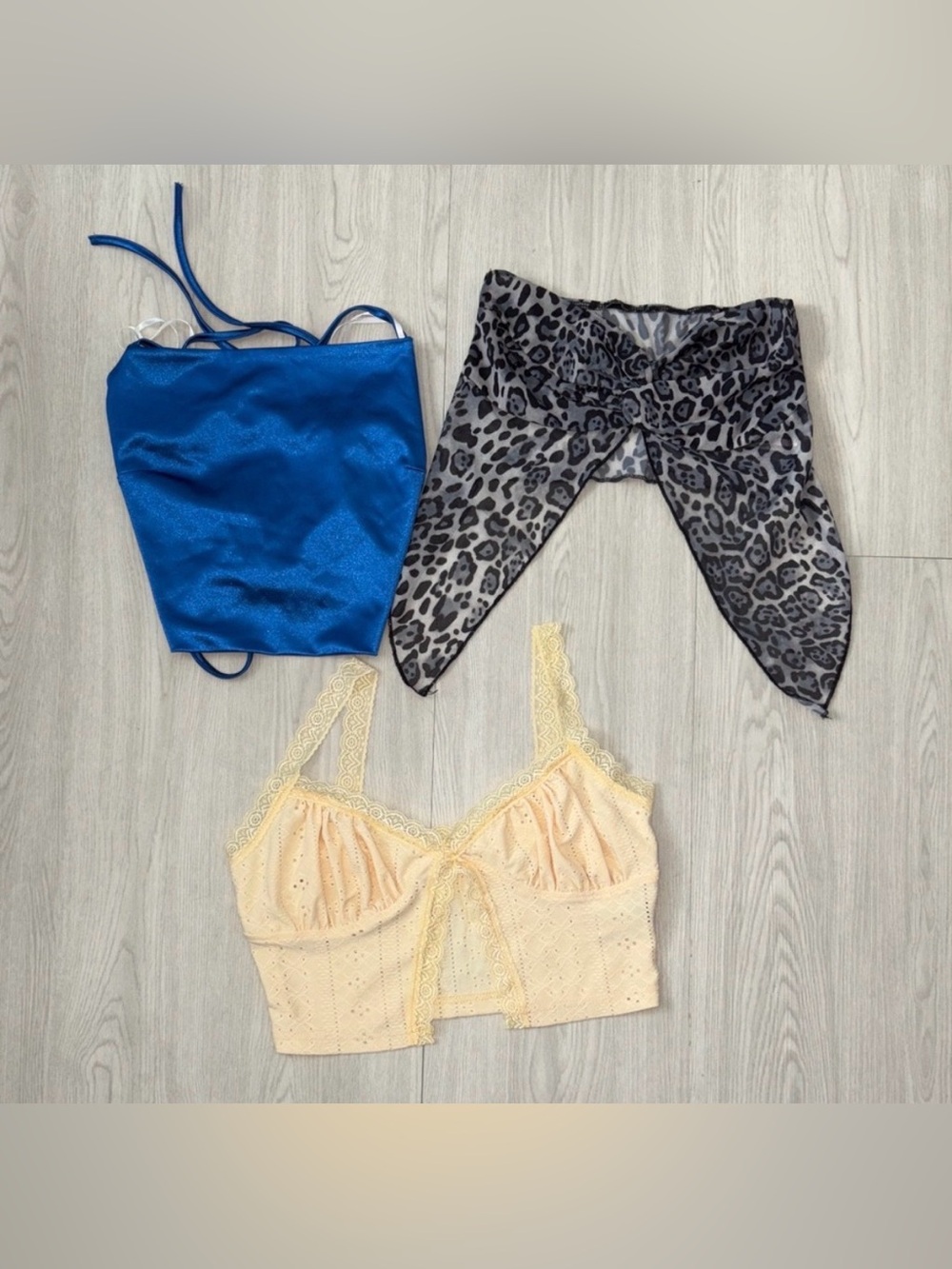 SHEIN Blue Satin, yellow eyelet, and Leopard Print Bandeau Trio
